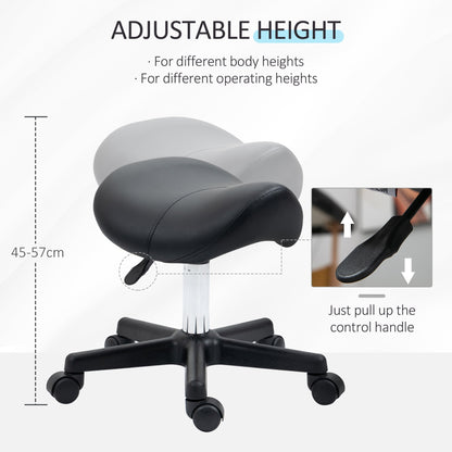 The adjustable rolling salon chair has a lever to adjust the height