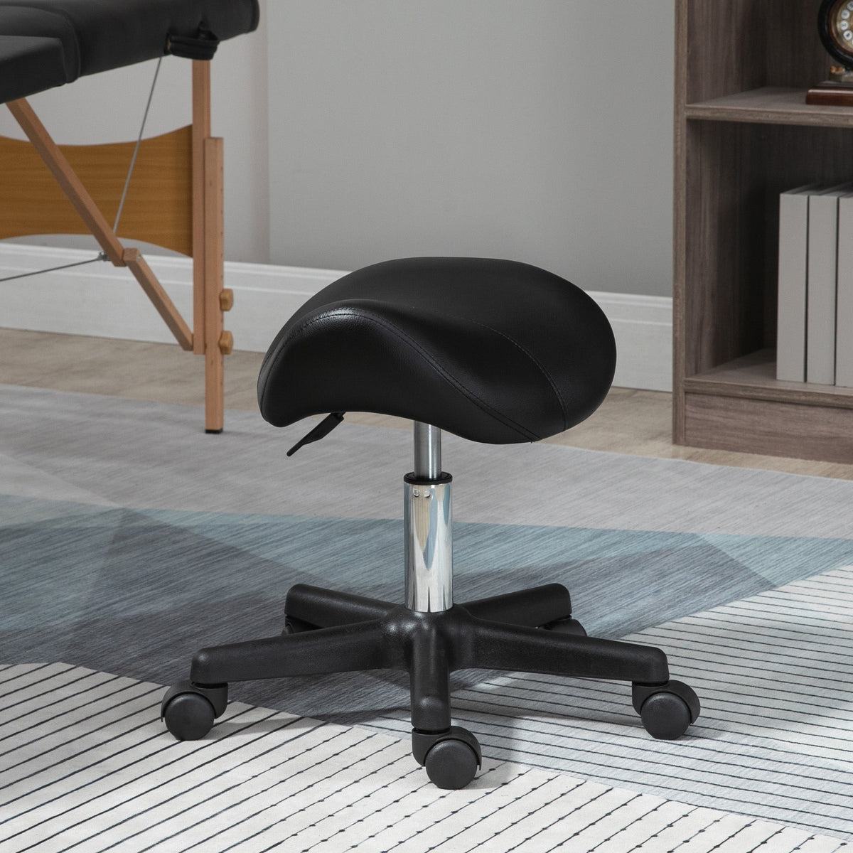 The black PU leather adjustable rolling salon chair is shown in a room setting