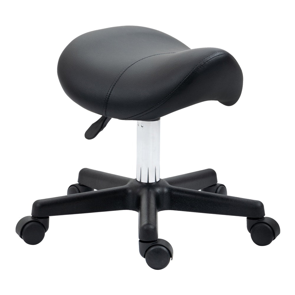 HOMCOM Saddle Stool, a black PU leather adjustable rolling salon chair with a steel frame