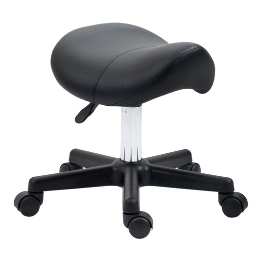 HOMCOM Saddle Stool, a black PU leather adjustable rolling salon chair with a steel frame