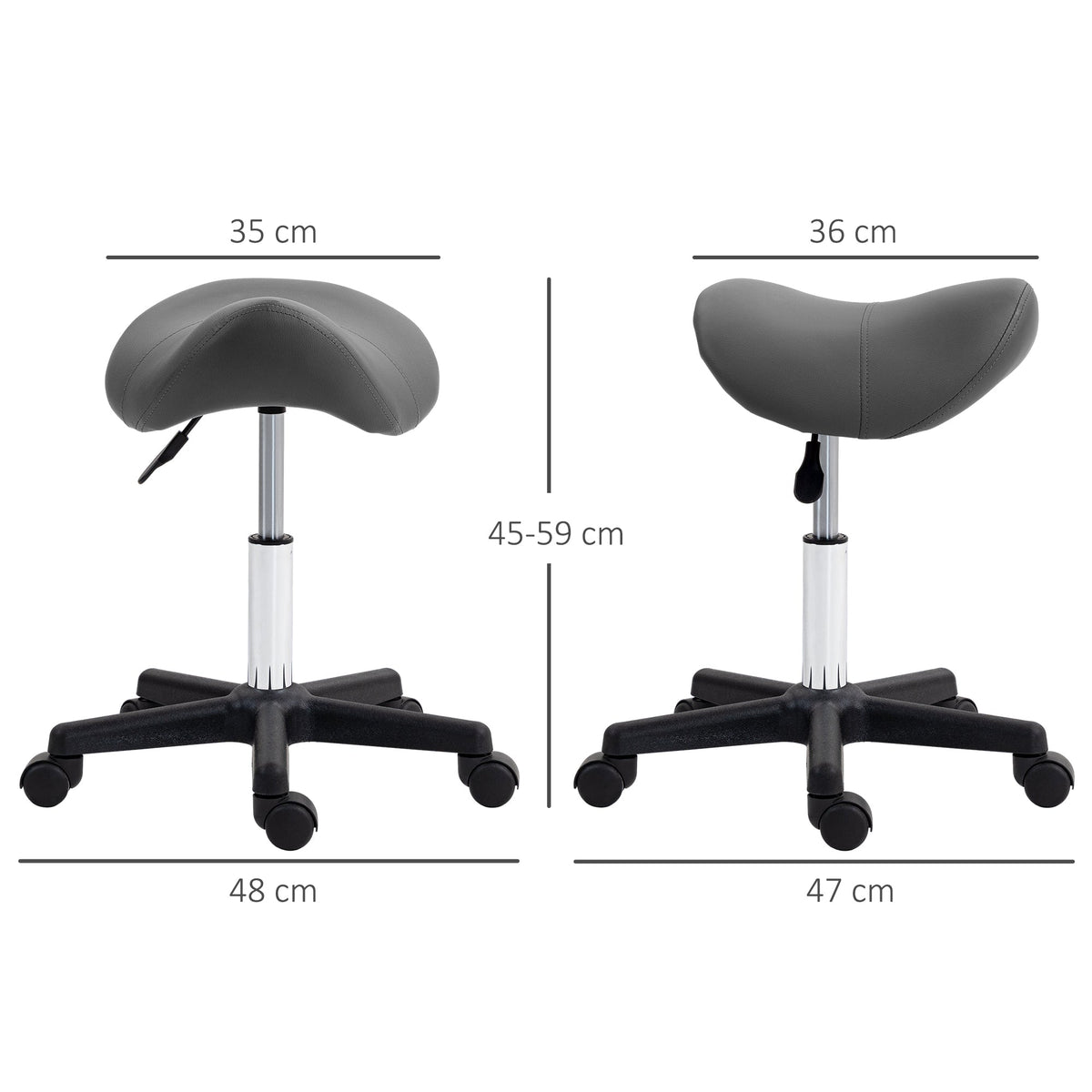 A grey PU leather saddle stool with dimensions shown in cm