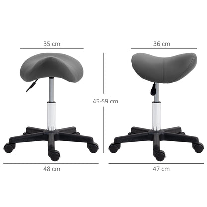 A grey PU leather saddle stool with dimensions shown in cm