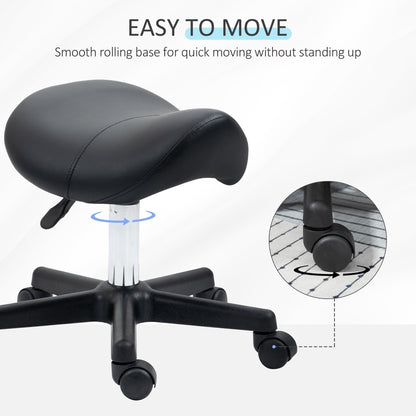 This adjustable rolling salon chair has a smooth rolling base for easy movement