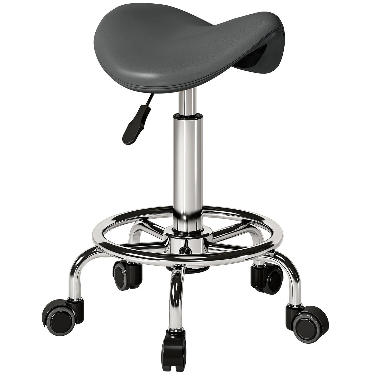 HOMCOM Salon Saddle Stool, a grey rolling stool with a saddle seat and five wheels