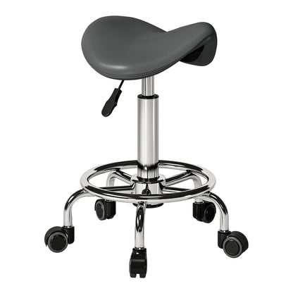 HOMCOM Salon Saddle Stool, a grey rolling stool with a saddle seat and five wheels