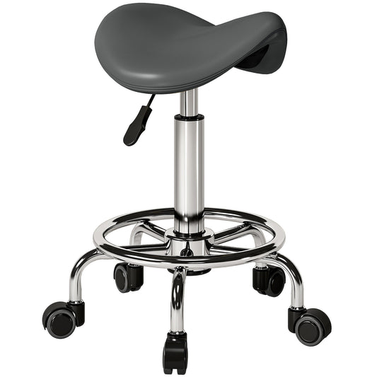 HOMCOM Salon Saddle Stool, a grey rolling stool with a saddle seat and five wheels