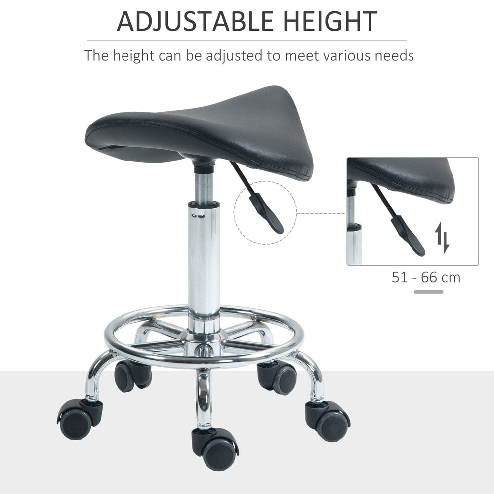 The adjustable height salon stool has a black seat and chrome base with five wheels