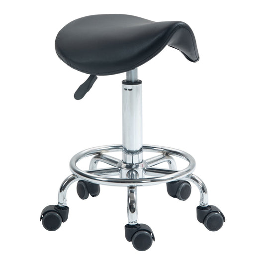 HOMCOM Salon Saddle Stool with a black seat and chrome base with five wheels