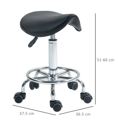 The black saddle stool has a chrome base with five wheels and a footrest