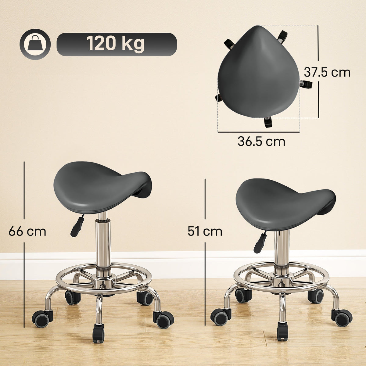 Two grey rolling stools with height dimensions shown for each