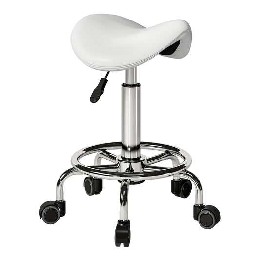 HOMCOM Salon Saddle Stool in white with a chrome base and five castor wheels on a plain background