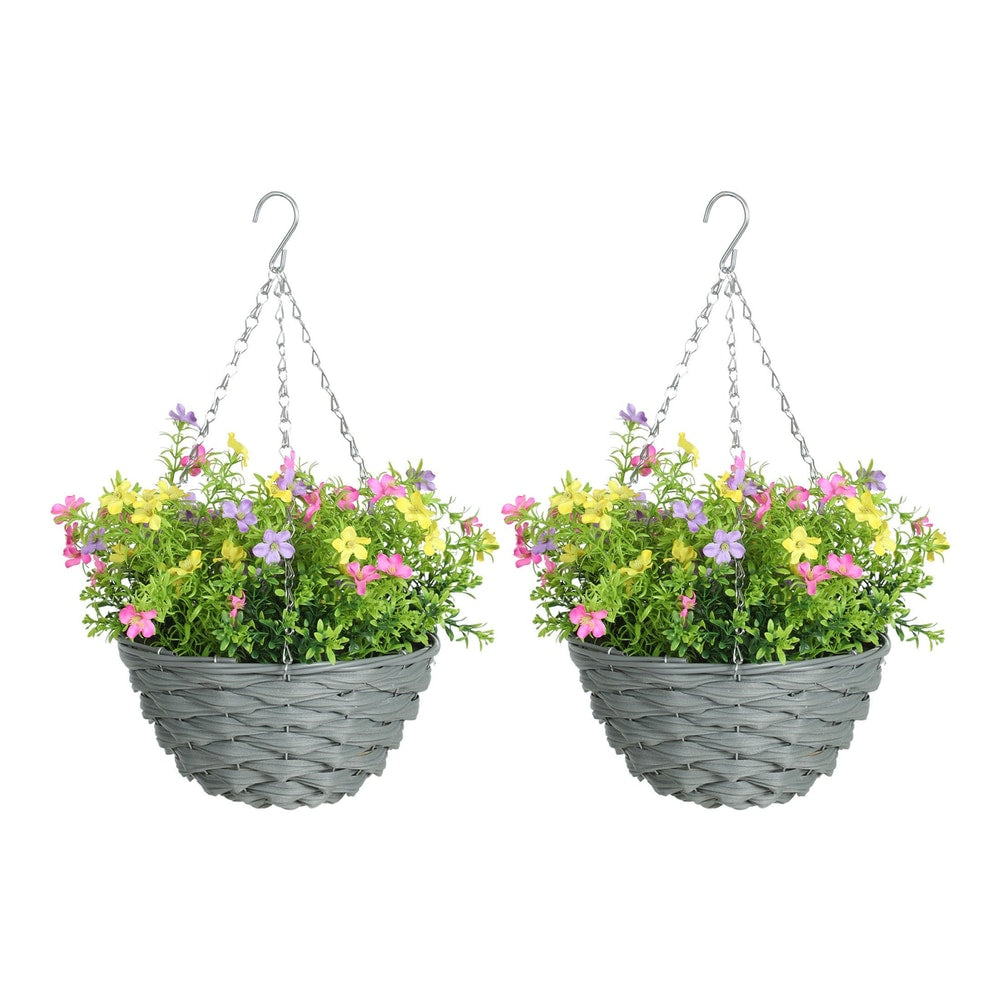 HOMCOM Set of 2 Artificial Hanging Cosmos Flowers - Multi-Colored, two hanging baskets with grey rattan effect