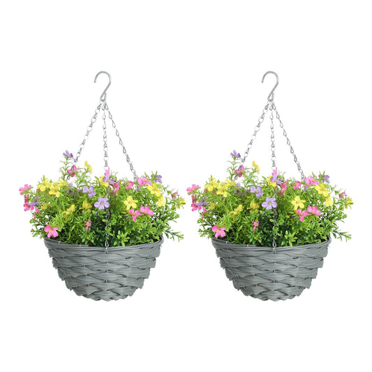 HOMCOM Set of 2 Artificial Hanging Cosmos Flowers - Multi-Colored, two hanging baskets with grey rattan effect