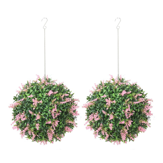 HOMCOM Set of 2 Artificial Plant Topiary Balls with pink flowers hanging