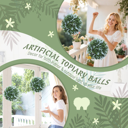 Artificial topiary balls for indoor and outdoor decor, showing a woman holding one
