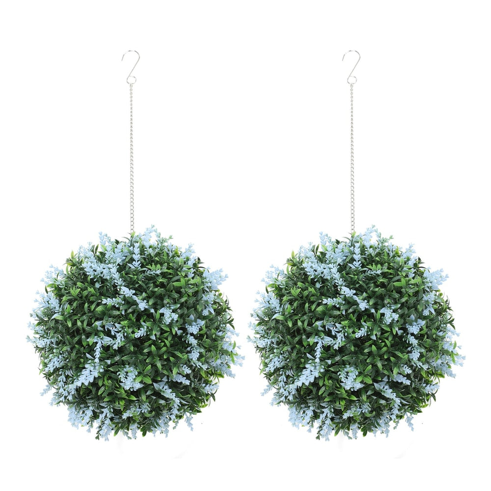 HOMCOM Set of 2 Artificial Plant Topiary Balls, two green balls with small blue flowers hanging from chains