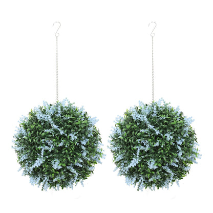 HOMCOM Set of 2 Artificial Plant Topiary Balls, two green balls with small blue flowers hanging from chains