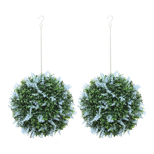 HOMCOM Set of 2 Artificial Plant Topiary Balls, two green balls with small blue flowers hanging from chains