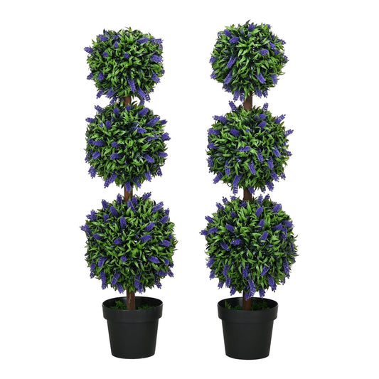 HOMCOM Set of 2 Artificial Plants, lavender ball trees in black pots