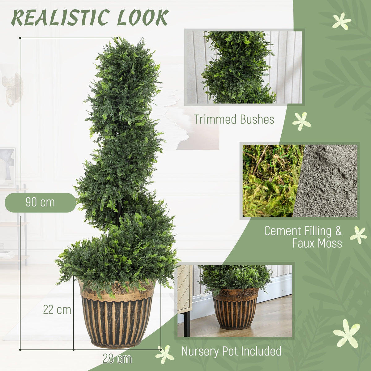 The artificial plants with close-up details of the foliage and the weighted pot base