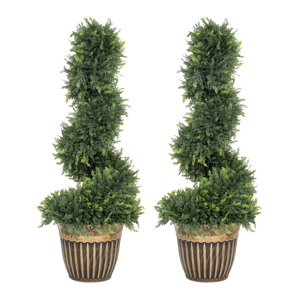 HOMCOM Set of 2 Artificial Plants featuring spiral topiary trees in decorative pots