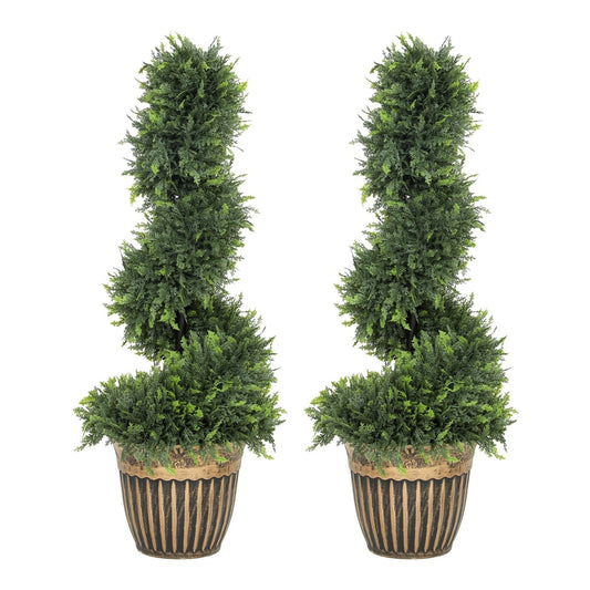 HOMCOM Set of 2 Artificial Plants featuring spiral topiary trees in decorative pots