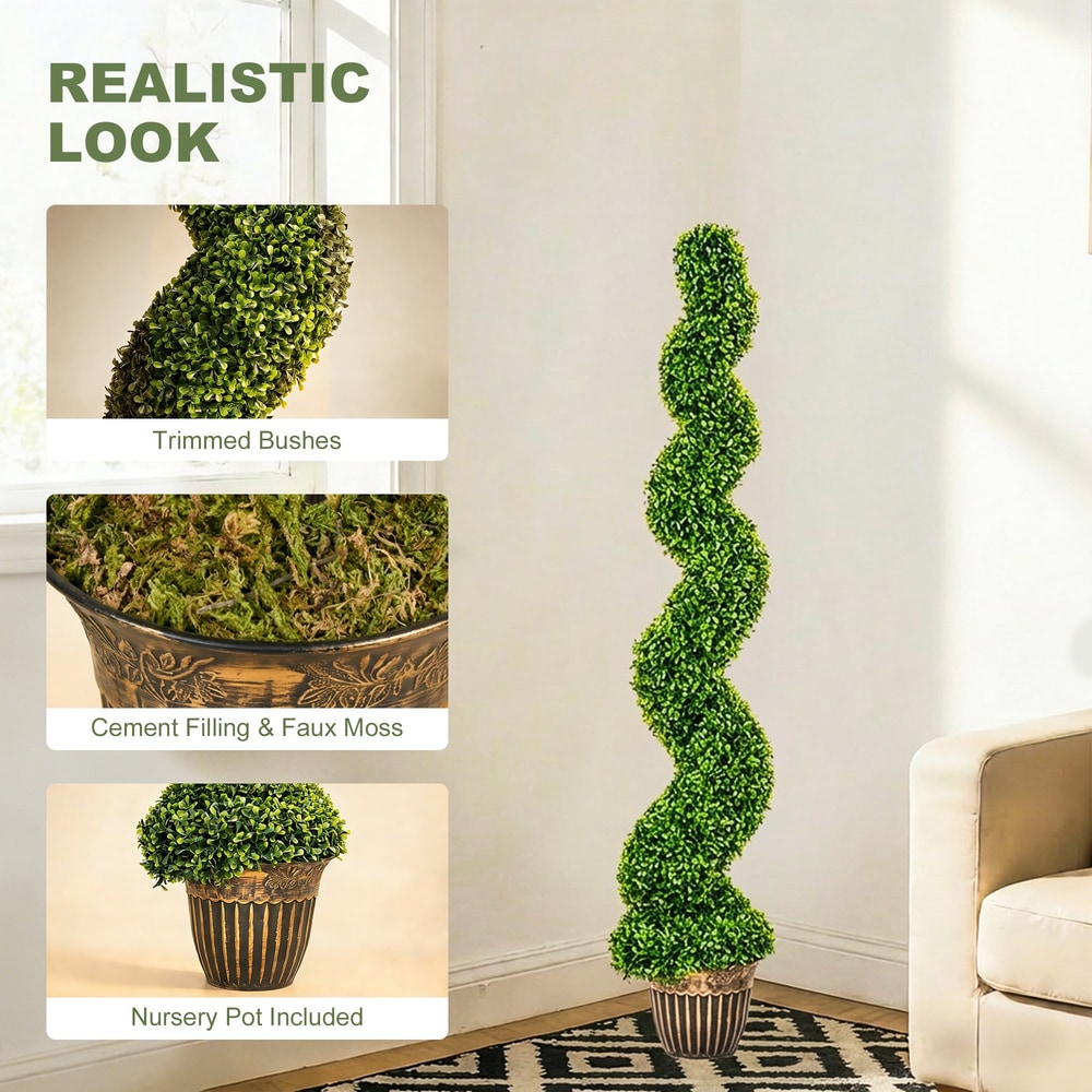 Close-ups of the artificial spiral boxwood tree's foliage and pot