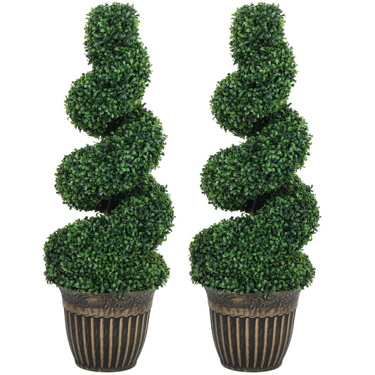 HOMCOM Set of 2 Artificial Plants featuring two spiral topiary trees in decorative pots