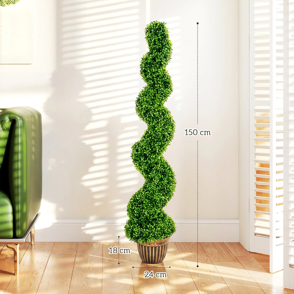 The artificial spiral boxwood tree with dimensions shown, in a pot