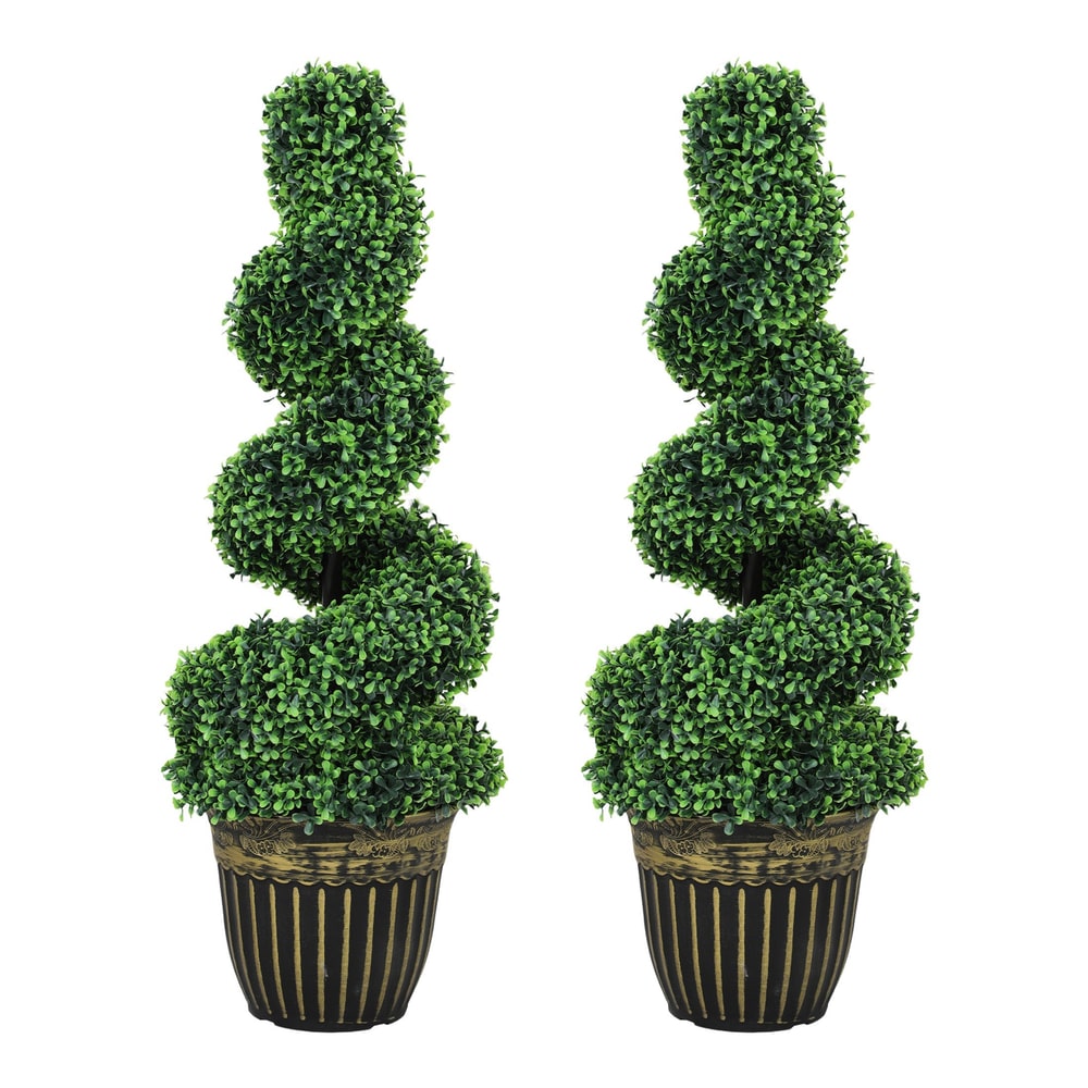 HOMCOM Set of 2 Artificial Plants, two spiral boxwood trees in pots