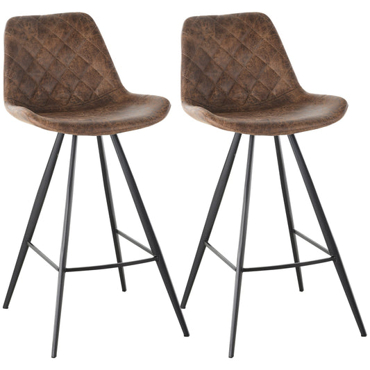 HOMCOM Set Of 2 Bar Stools with quilted brown microfiber seats and black steel frames