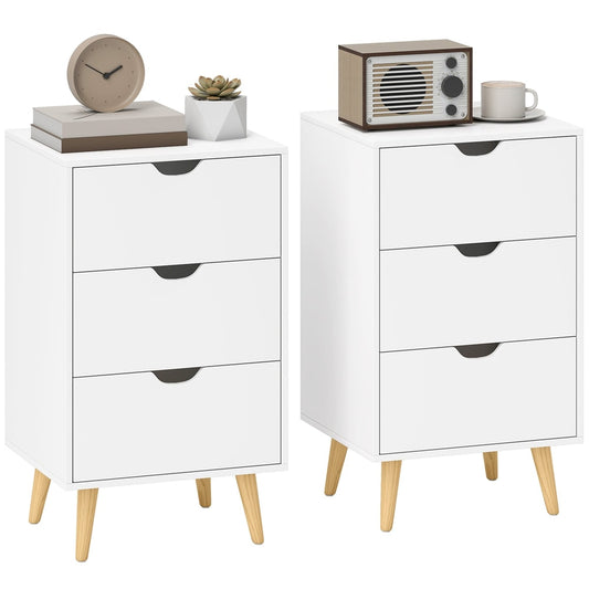 HOMCOM Set of 2 Bedside Tables, modern white storage cabinets with solid pine wood legs