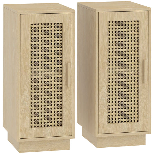 HOMCOM Set of 2 Bedside Tables with Rattan-Decor Doors in a Natural Wood Finish