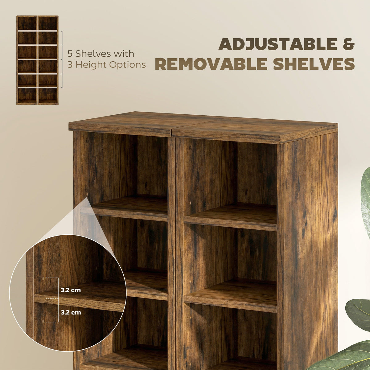 Close up of the rustic brown CD media display shelf unit tower rack showing adjustable shelves