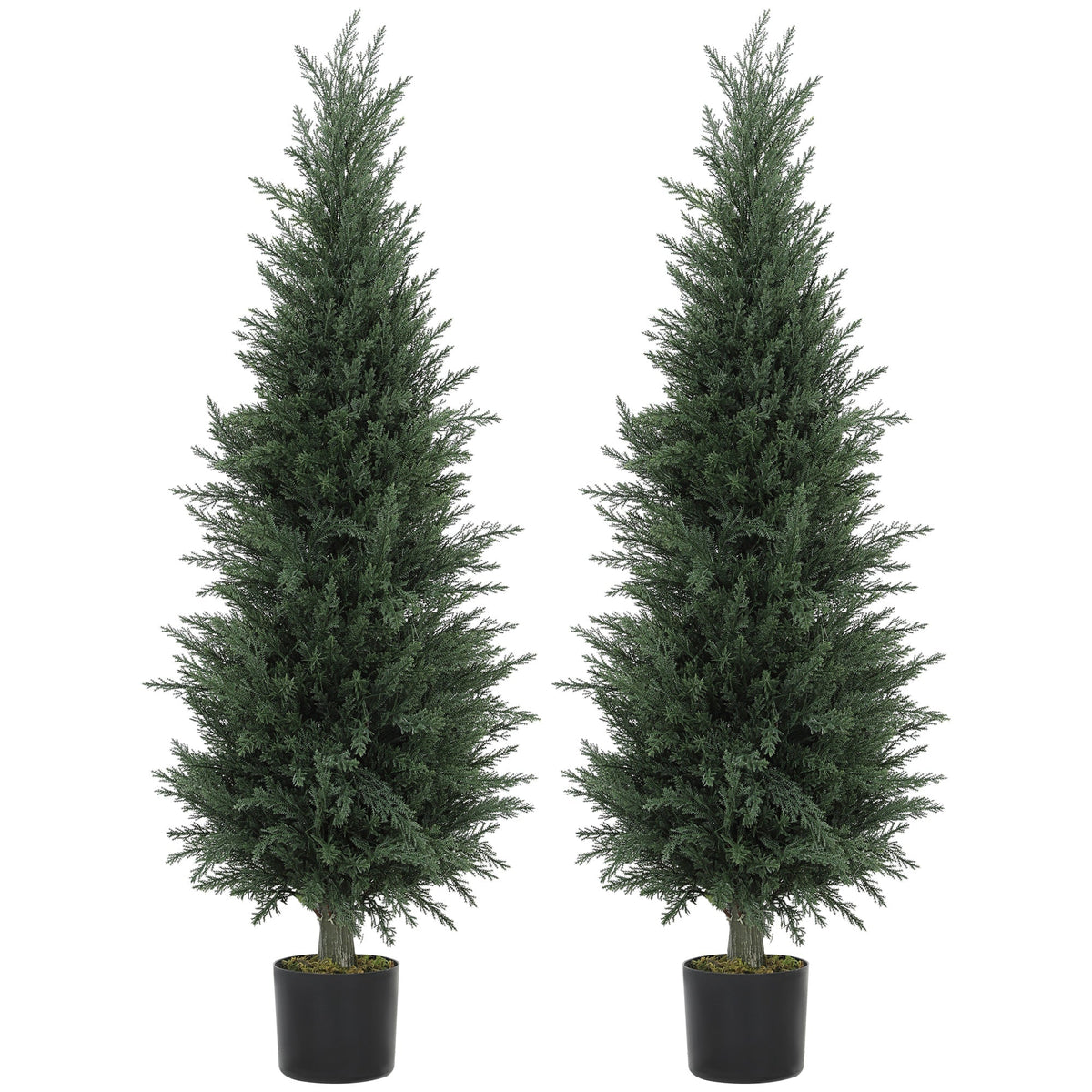 HOMCOM Set of Two Artificial Cypress Trees - two green trees in black pots against a white background