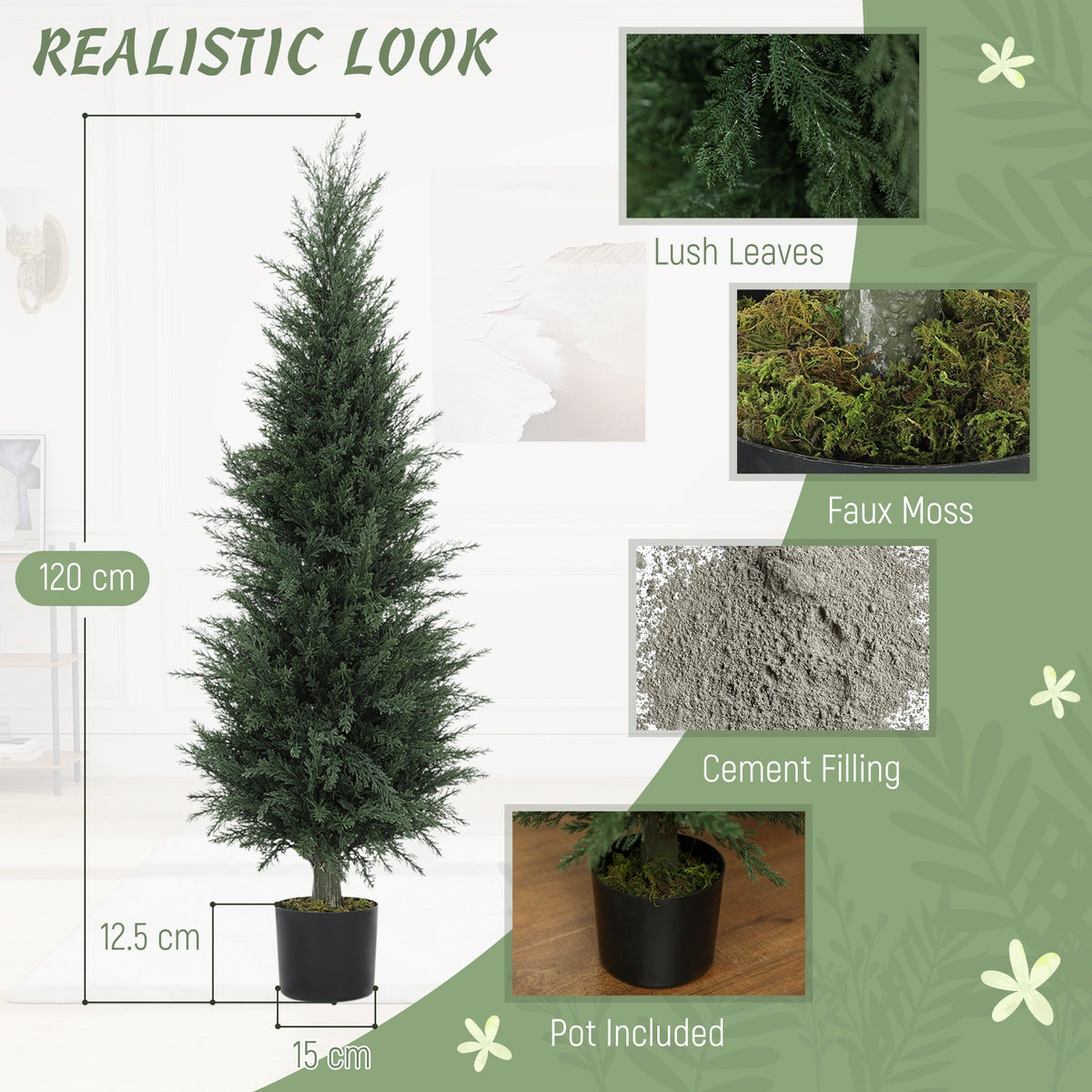 Close up of artificial cypress tree foliage and details of its construction