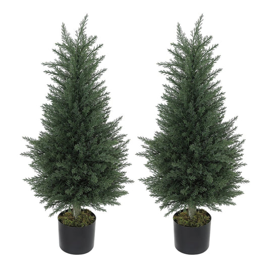 HOMCOM Artificial Plants Outdoor set of two cypress trees in black pots against a white background
