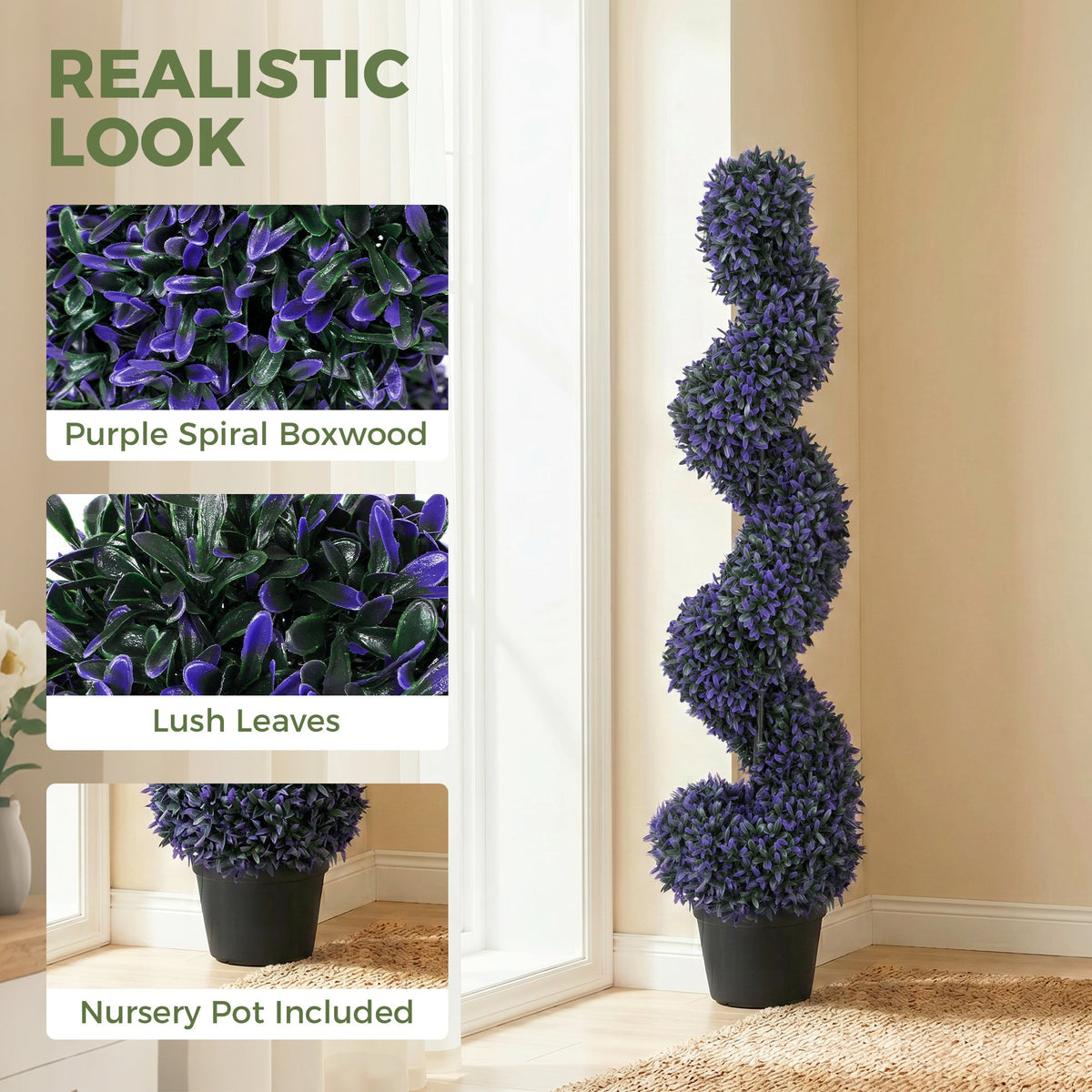 The artificial plant shown with close-up insets highlighting the leaves and the black nursery pot