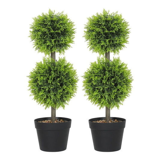 HOMCOM Set of 2 Decorative Artificial Plants featuring two double ball cypress trees in black pots
