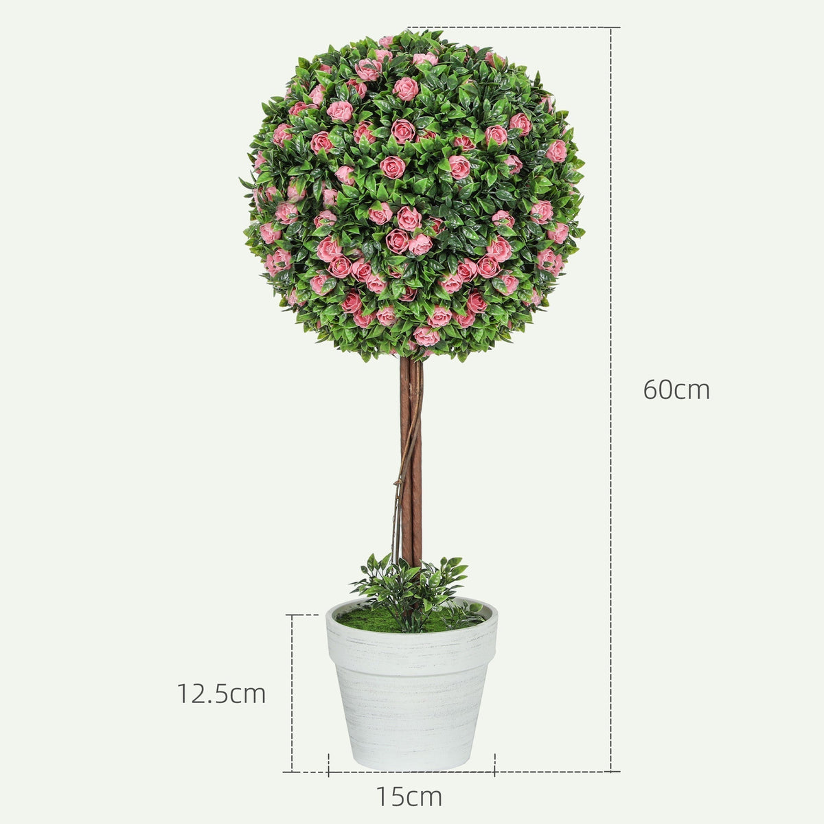 A single artificial rose ball topiary tree with dimensions shown