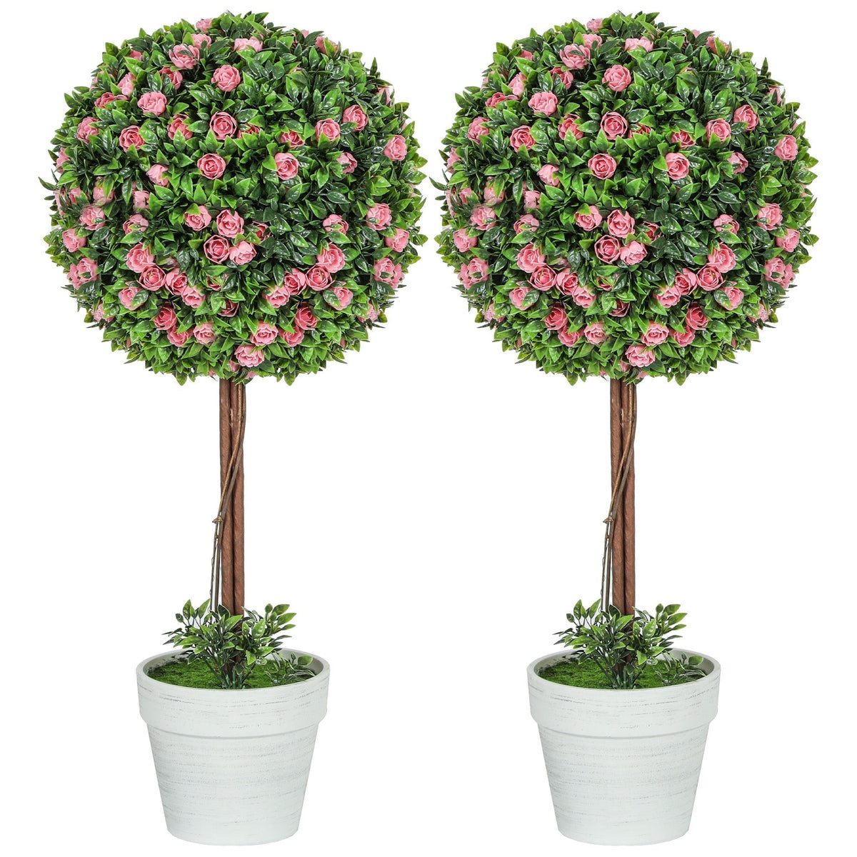 HOMCOM Set of 2 Decorative Artificial Plants, pink rose ball topiary trees in white pots