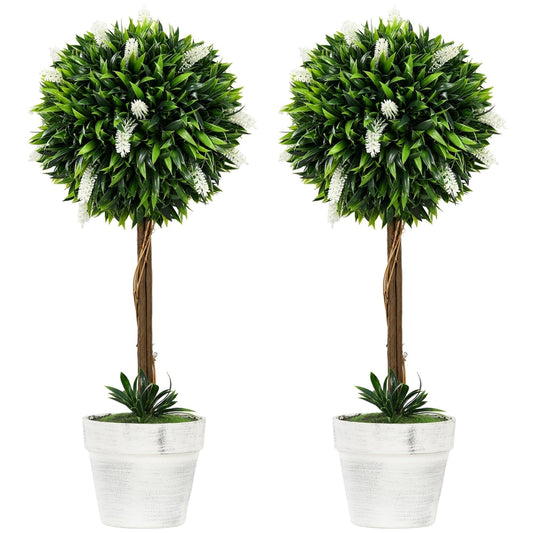 HOMCOM Set of 2 Decorative Artificial Plants Ball Trees with white flower detail in pots