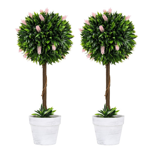 HOMCOM Set of 2 Decorative Artificial Plants Ball Trees with pink flowers in white pots