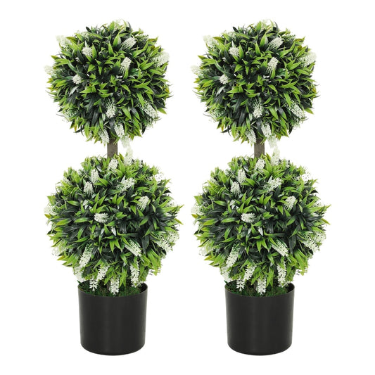 HOMCOM Set of 2 Decorative Artificial Plants Ball Trees with lavender flowers in white pots