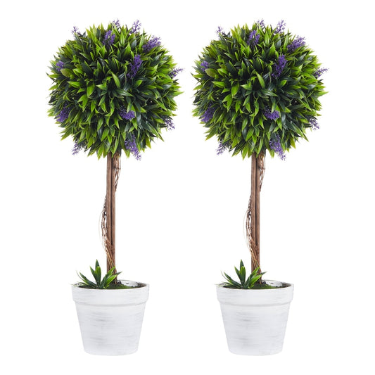 HOMCOM Set of 2 Decorative Artificial Plants Ball Trees with lavender flowers in white pots