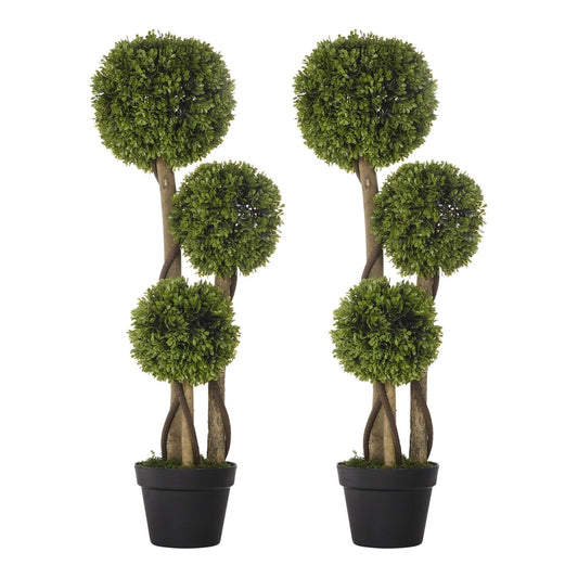 HOMCOM Set of 2 Decorative Artificial Plants, two light green boxwood ball topiary trees in black pots