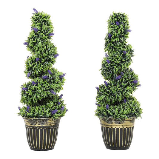 HOMCOM Set of Two 90cm Artificial Lavender Trees standing side by side in decorative black pots
