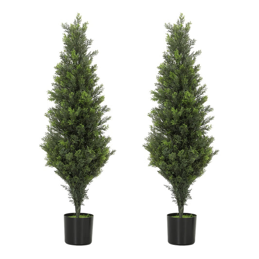 HOMCOM Set of 2 Decorative Artificial Plants Cypress in Weighted Pot standing side by side