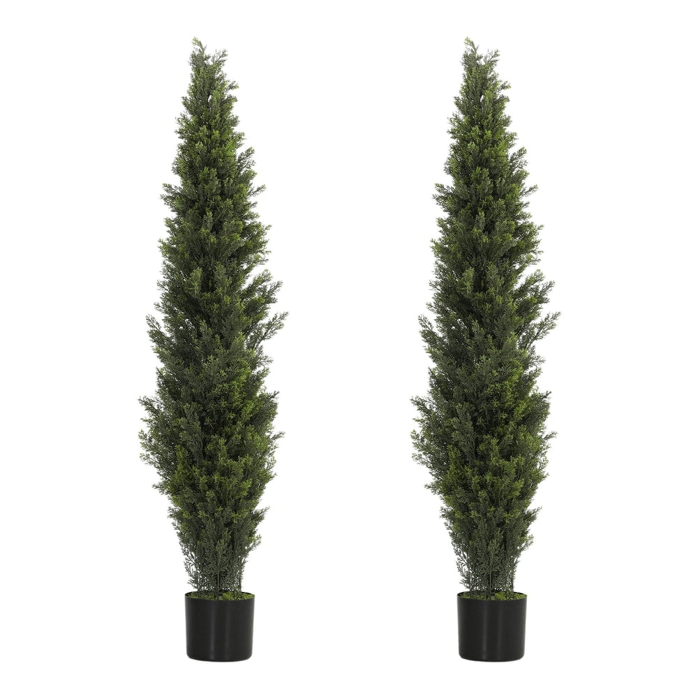 HOMCOM Set of 2 Decorative Artificial Plants Cypress in Weighted Pot, two tall green trees in black pots