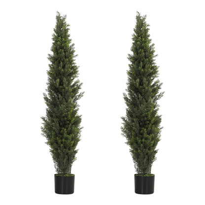 HOMCOM Set of 2 Decorative Artificial Plants Cypress in Weighted Pot, two tall green trees in black pots